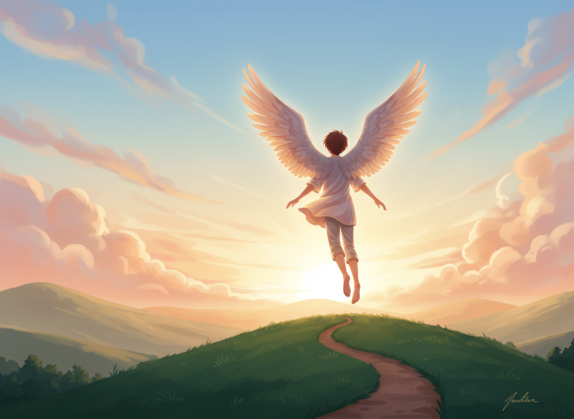 Ilustración poética y luminosa para una historia educativa en español sobre el valor de atreverse a volar y seguir el propio camino: una figura joven vista de espaldas en lo alto de una colina, con alas desplegadas y elevándose hacia un cielo amplio al amanecer, mientras abajo queda un sendero que representa caminar. Estilo editorial contemporáneo, emotivo, esperanzador, composición clara con espacio visual, colores cálidos y azul suave, sin texto, sin letras, sin logotipos, formato adecuado para imagen destacada.